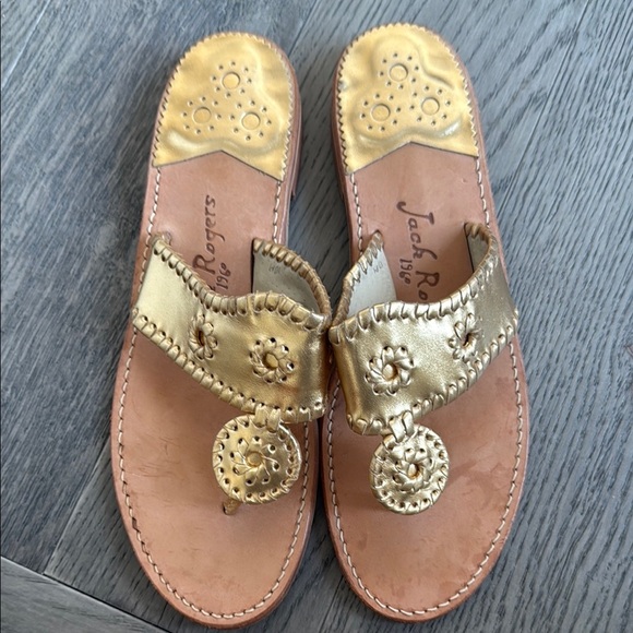 Jack Rogers Shoes - Jack Rogers Whipstitch Slip On Thong Slide Sandals Gold Platinum